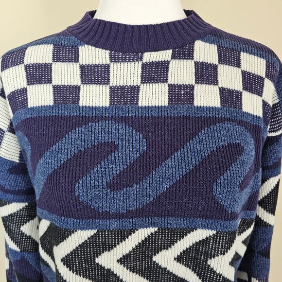 Vintage JJ Browne M/L Unisex Abstract Blue Sweater Knit Pullover 80s 90s Retro - Picture 5 of 10